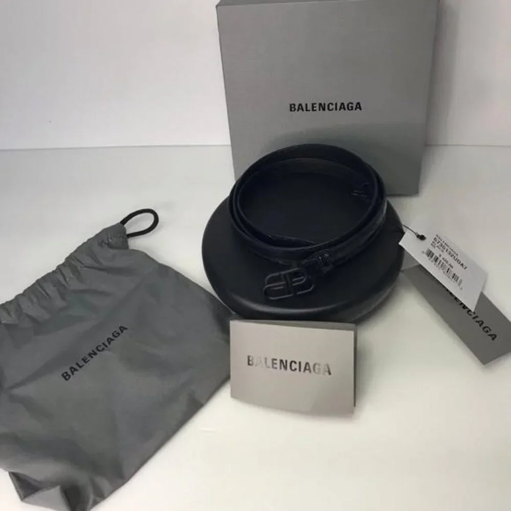 New Authentic Balenciaga BB Logo Buckle Croc Embossed Leather Skinny Belt - Picture 12 of 14